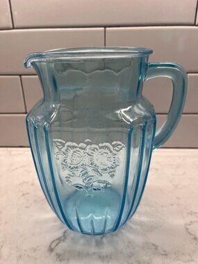 Anchor Hocking 1930’s Mayfair “Open Rose” Ice Blue Medium PITCHER, 60 oz,